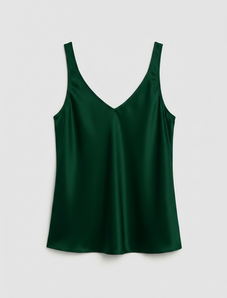 Freya satin V-neck camisole in green, front view