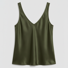 Freya satin V-neck camisole in army green, front view