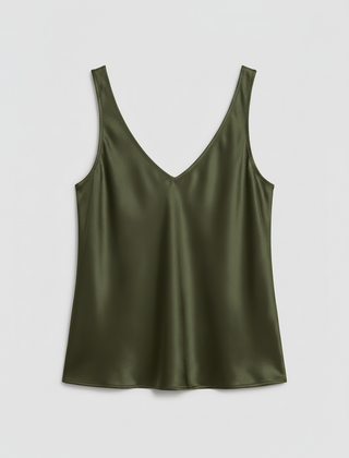 Freya satin V-neck camisole in army green, front view