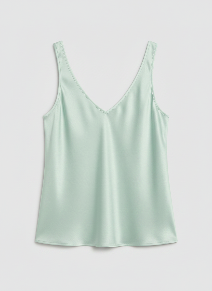 Freya satin V-neck camisole in light green, front view