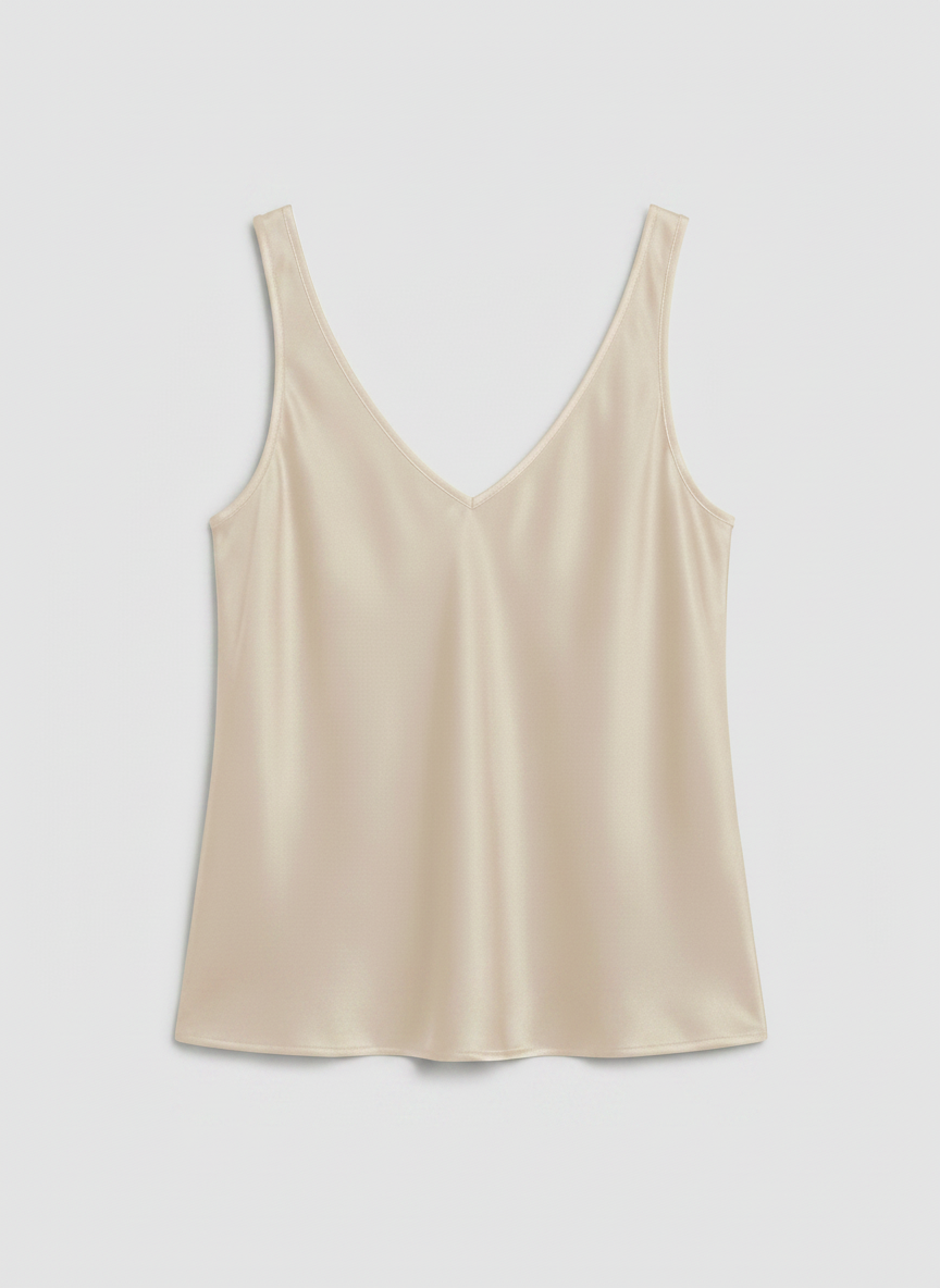 Freya satin V-neck camisole in beige, front view
