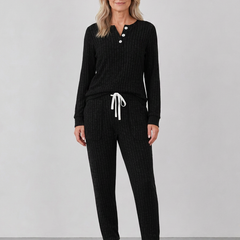 Elowen ribbed button-neck loungewear set - Black on model front