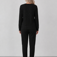 Elowen ribbed button-neck loungewear set - Black on model back