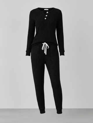 Elowen ribbed button-neck loungewear set - Black front