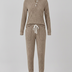 Elowen ribbed button-neck loungewear set - Khaki