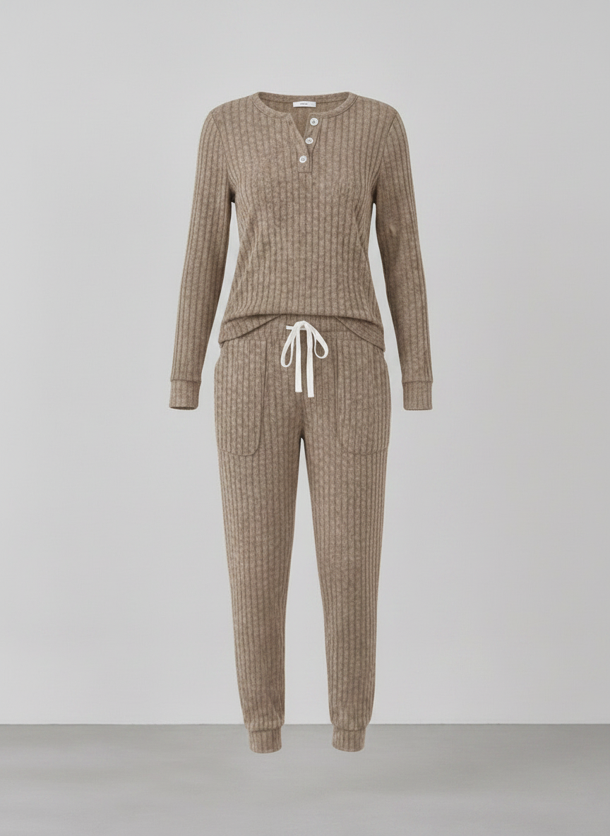 Elowen ribbed button-neck loungewear set - Khaki