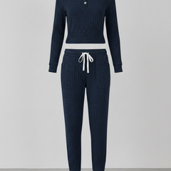 Elowen ribbed button-neck loungewear set - Navy Blue