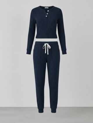 Elowen ribbed button-neck loungewear set - Navy Blue