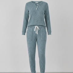 Elowen ribbed button-neck loungewear set - Sea Blue