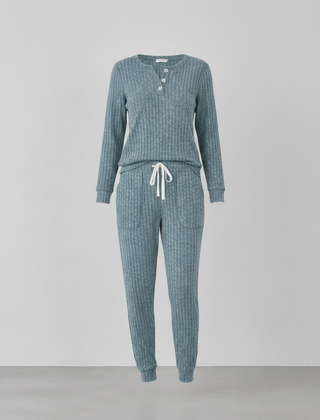 Elowen ribbed button-neck loungewear set - Sea Blue