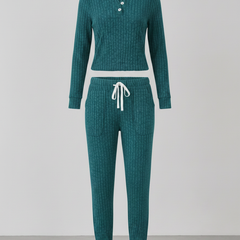 Elowen ribbed button-neck loungewear set - Turqoise