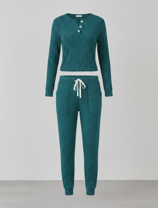 Elowen ribbed button-neck loungewear set - Turqoise