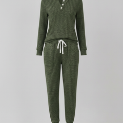 Elowen ribbed button-neck loungewear set - Leaf Green