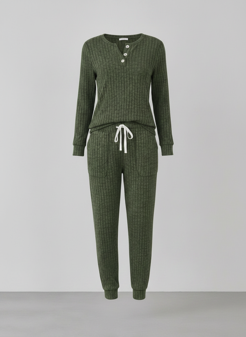 Elowen ribbed button-neck loungewear set - Leaf Green