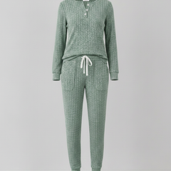 Elowen ribbed button-neck loungewear set - Macha Green