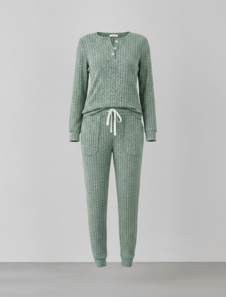 Elowen ribbed button-neck loungewear set - Macha Green