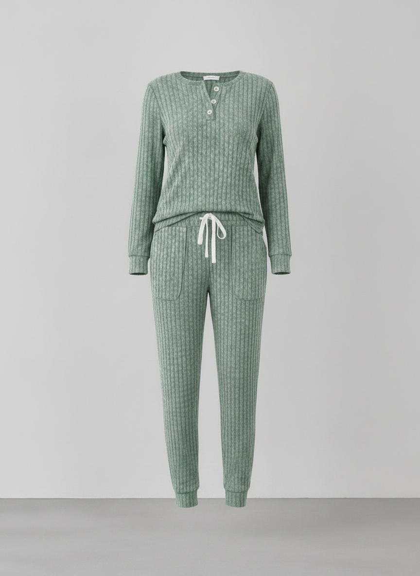 Elowen ribbed button-neck loungewear set - Macha Green