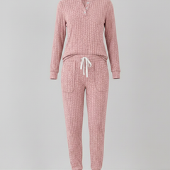 Elowen ribbed button-neck loungewear set - Pink