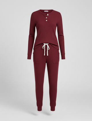 Elowen ribbed button-neck loungewear set - Burgundy Red
