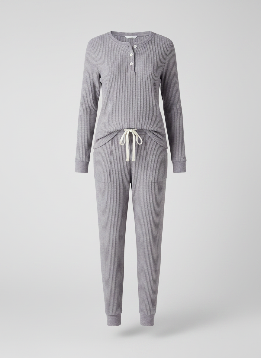 Elowen ribbed button-neck loungewear set - Purple