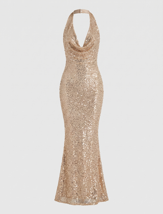 Selena | Women's Sequin Halter Backless Mermaid Maxi Dress front