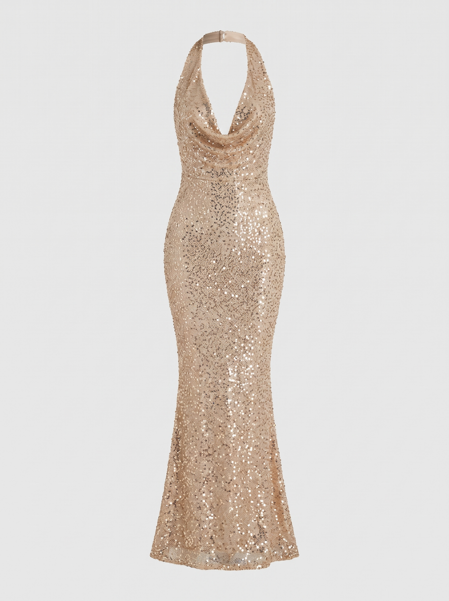 Selena | Women's Sequin Halter Backless Mermaid Maxi Dress front