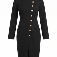 Genevieve | Women's Gold-Button High-Neck Midi Dress with Front Slit front