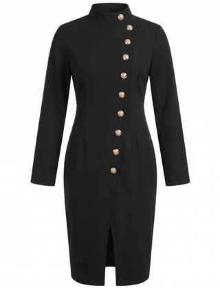 Genevieve | Women's Gold-Button High-Neck Midi Dress with Front Slit front