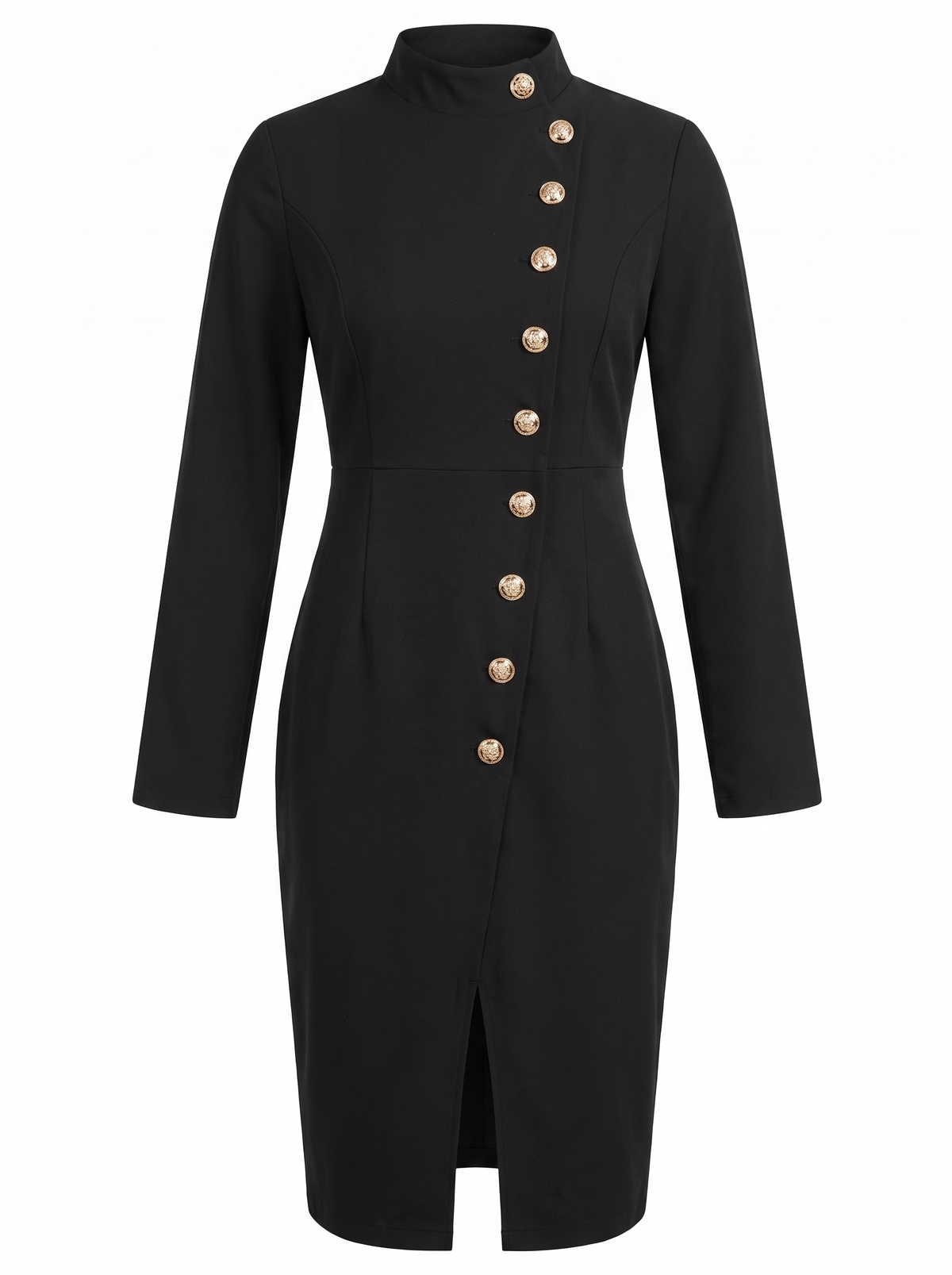 Genevieve | Women's Gold-Button High-Neck Midi Dress with Front Slit front