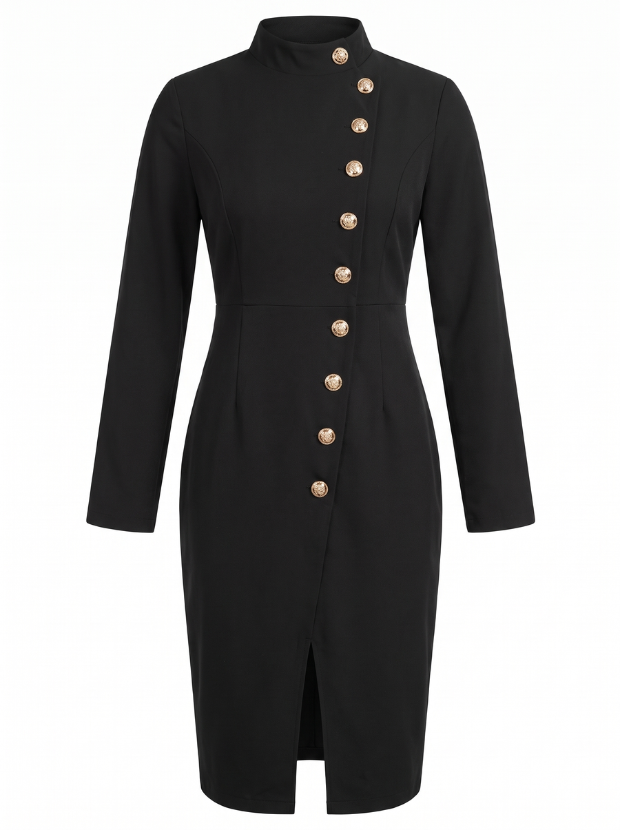 Genevieve | Women's Gold-Button High-Neck Midi Dress with Front Slit front