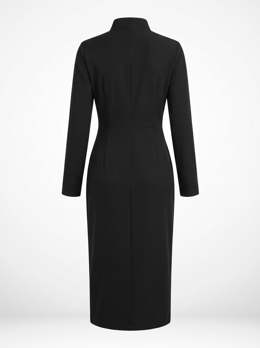 Genevieve | Women's Gold-Button High-Neck Midi Dress with Front Slit back