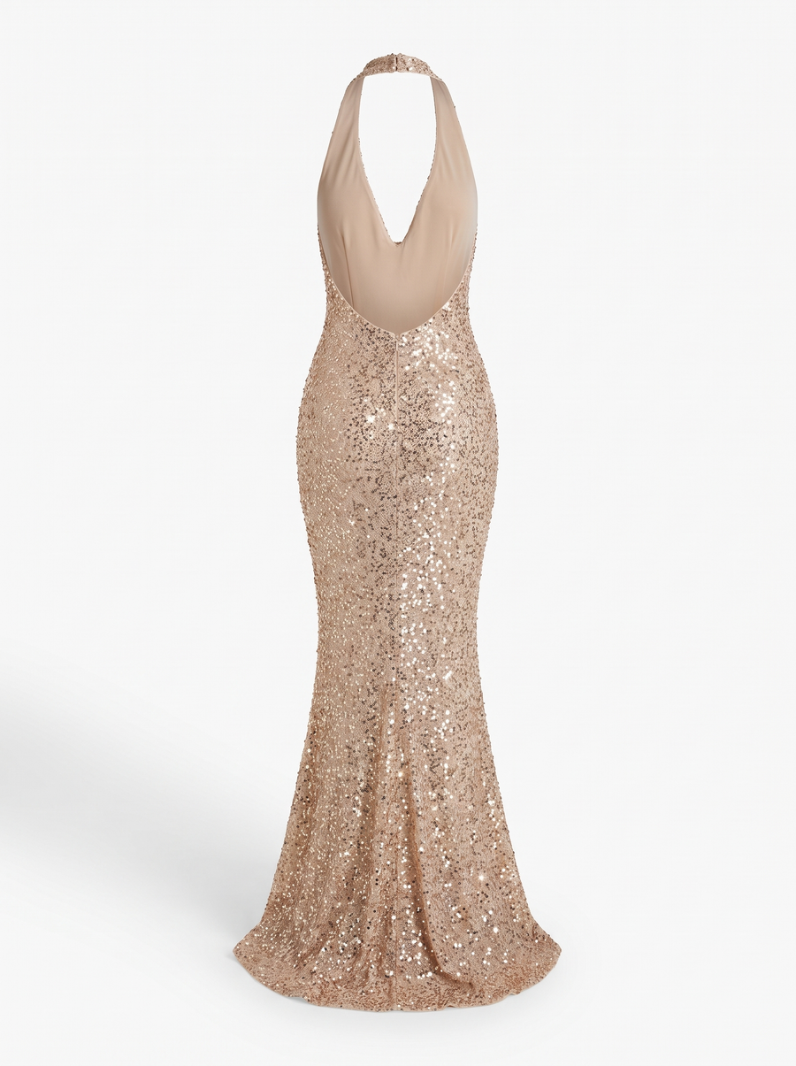Selena | Women's Sequin Halter Backless Mermaid Maxi Dress back