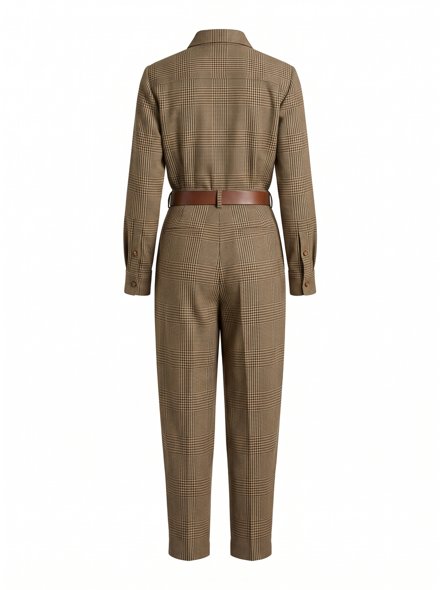 Joyce | Women's Plaid Shirt-Collar Belted Jumpsuit back