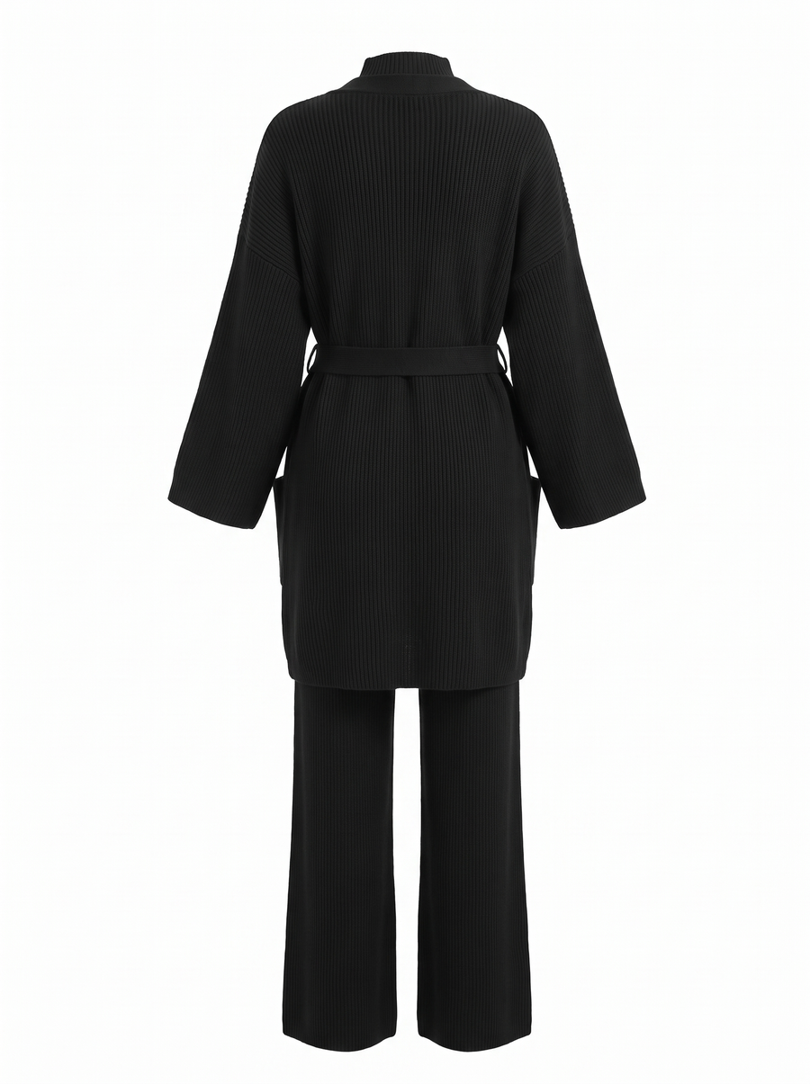Lorraine | Women's Ribbed Knit Belted Cardigan, Mock-Neck Top & Wide-Leg Pants Three-Piece Set back