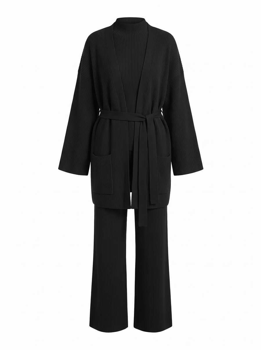 Lorraine | Women's Ribbed Knit Belted Cardigan, Mock-Neck Top & Wide-Leg Pants Three-Piece Set front