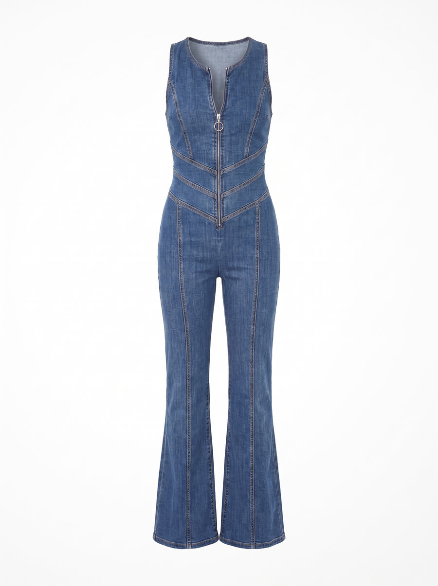 Lottie | Women's Sleeveless Zip-Front Denim Jumpsuit with Heart Cutout Back & Flared Leg front