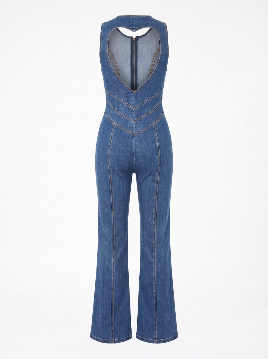 Lottie | Women's Sleeveless Zip-Front Denim Jumpsuit with Heart Cutout Back & Flared Leg back