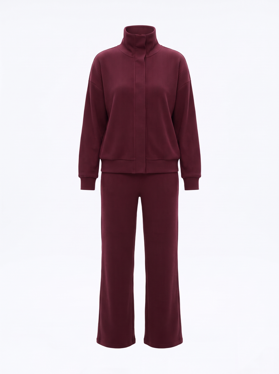 Alma-Daphne | Women's Funnel-Neck Ribbed Knit Jacket & Wide Leg Pants Set front