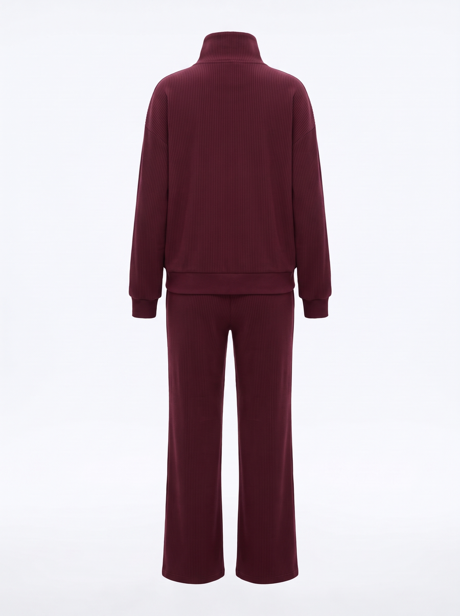 Alma-Daphne | Women's Funnel-Neck Ribbed Knit Jacket & Wide Leg Pants Set back