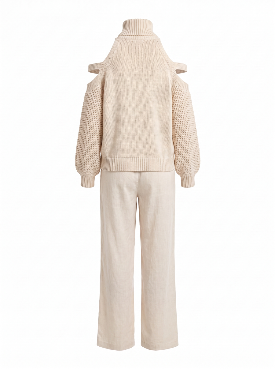 Marielle | Women's Cold-Shoulder Knit Turtleneck & Linen Wide-Leg Trouser Set back
