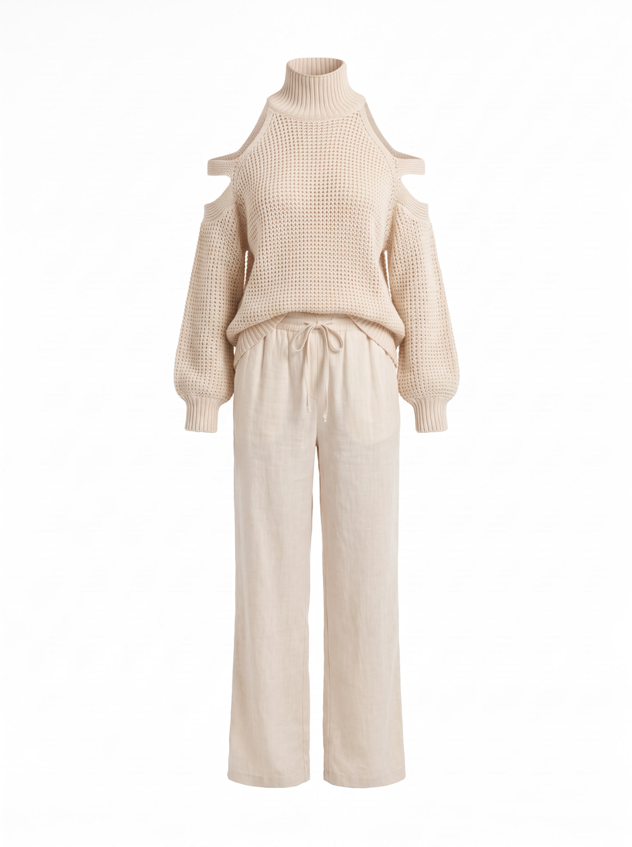 Marielle | Women's Cold-Shoulder Knit Turtleneck & Linen Wide-Leg Trouser Set front