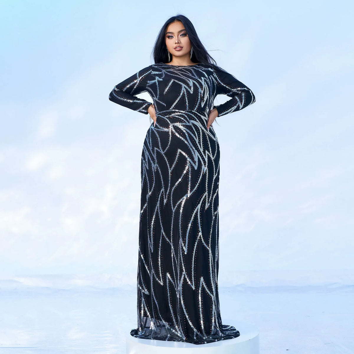 Seraphina | Women's Plus Size Long Sleeve Sequin A-Line Maxi Dress