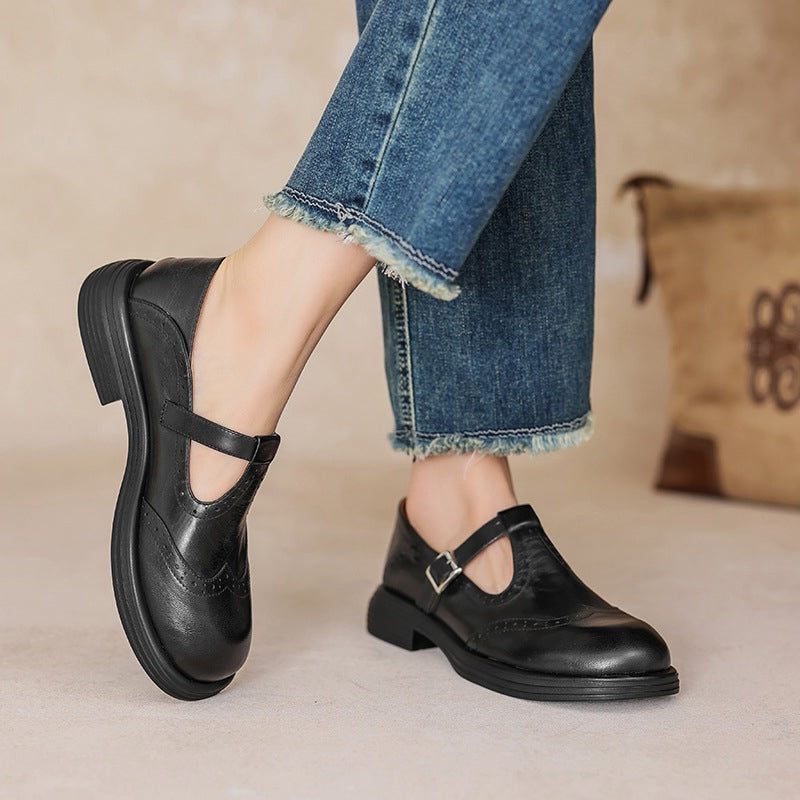 Rosie | Leather T-Strap Mary Jane Shoes Brogue Block Heel
