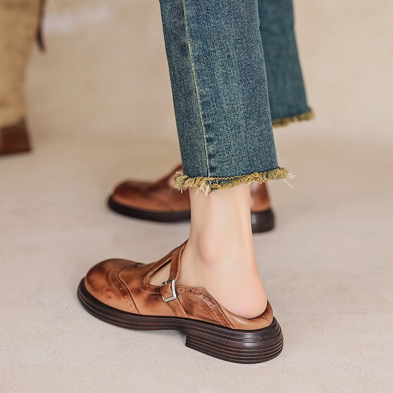 Rosie | Leather T-Strap Mary Jane Shoes Brogue Block Heel