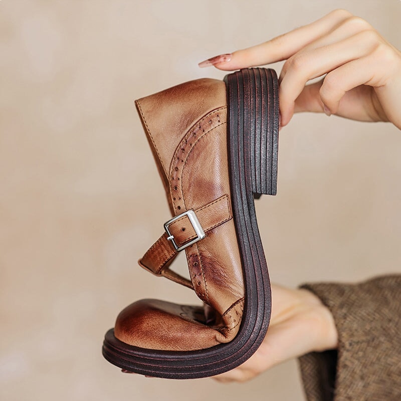 Rosie | Leather T-Strap Mary Jane Shoes Brogue Block Heel