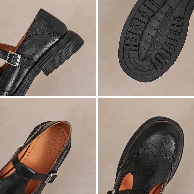Rosie | Leather T-Strap Mary Jane Shoes Brogue Block Heel