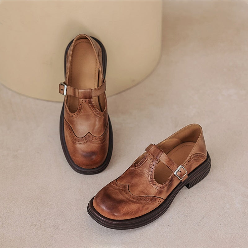 Rosie | Leather T-Strap Mary Jane Shoes Brogue Block Heel