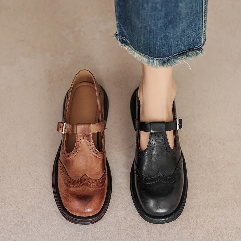 Rosie | Leather T-Strap Mary Jane Shoes Brogue Block Heel