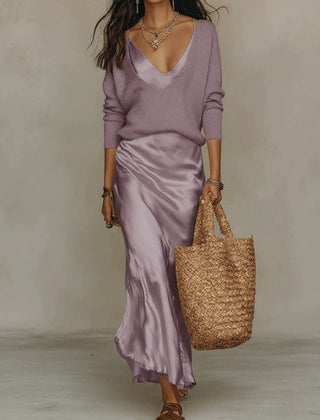 Priya | Women's Knit Sweater & Satin Midi Dress Set