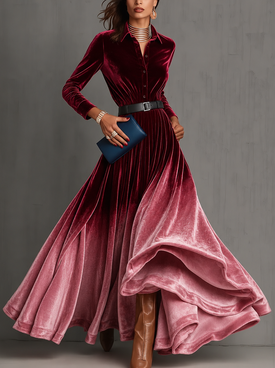 Odessa | Women's Velvet Ombre Shirt Collar Maxi Dress